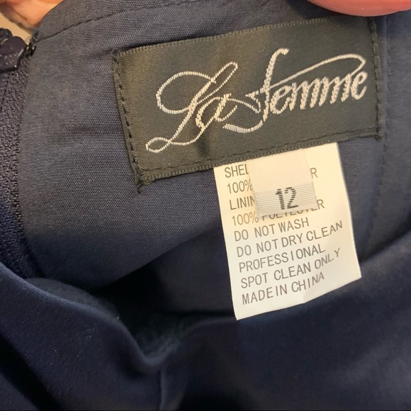 La Femme Beaded Ruched Floor Length Navy Gown EUC - Picture 11 of 13